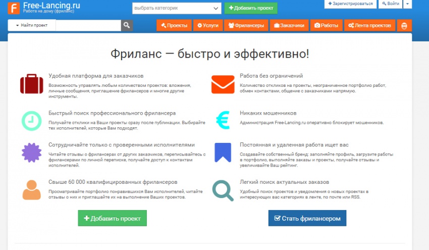 Главная страница биржи Free-lancing.ru